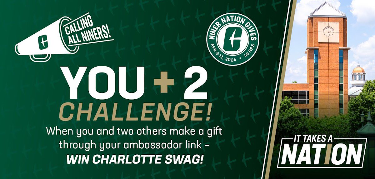 There’s still time to sign up to be a #NinerNationGives ambassador. Any 49er that registers, makes a gift with their ambassador link + gets 2 others to do the same, will receive a limited edition NNG gift. 
Sign up now! ninernationgives.charlotte.edu/giving-day/856…
49 hours kicks off 4/9 at Noon!