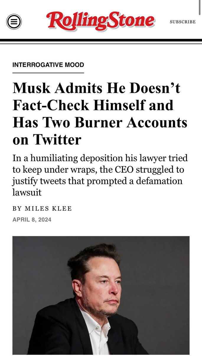 Musk is AGAIN being sued for defamation over some reckless tweets, but the difference this time is he owns the platform and, in a deposition his lawyer tried to keep confidential, had to answer some embarrassing questions about how he runs the place: rollingstone.com/culture/cultur…
