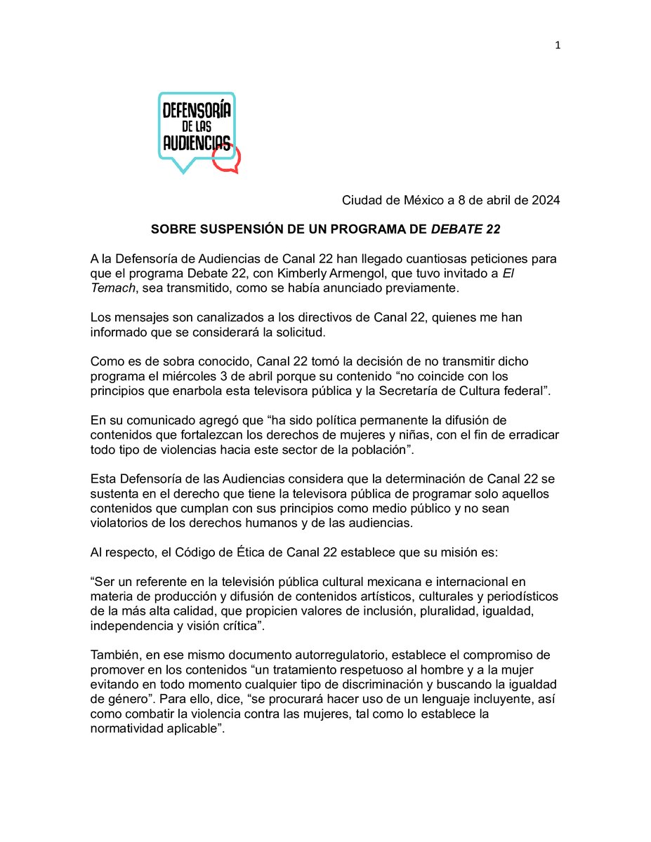 Defensoría de las Audiencias de Canal22 tweet media