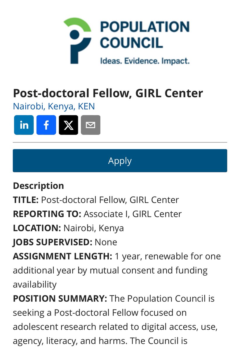 .@Pop_Council @GIRLCenterPC is looking for a Postdoc on the theme of adolescents and all things digital based in 🇰🇪 Apply by May 1st recruiting.paylocity.com/Recruiting/Job…