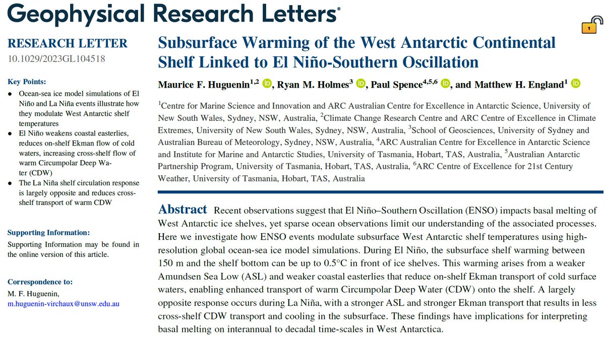 Excited to 'tweet' 🐦 that the new publication from @ProfMattEngland, @HolmesRyanM, Paul Spence and I on the link between El Niño and warming on the West Antarctic continental shelf is out today @theAGU's GRL: agupubs.onlinelibrary.wiley.com/doi/10.1029/20… @AntarcticSciAus @ClimateExtremes @unswcmsi