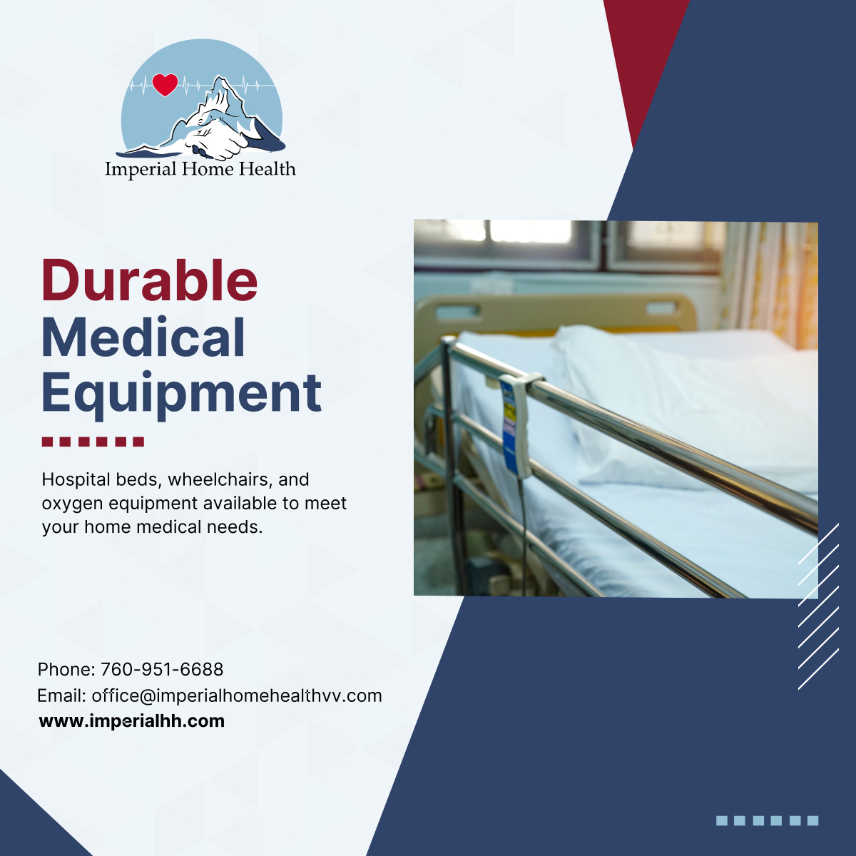 Discover our range of durable medical equipment for enhanced comfort at home. Call 760-951-6688 for more information. 

#VictorvilleCA #HomeHealthcare #DurableMedicalEquipment #HealthcareServices #MedicalSupplies