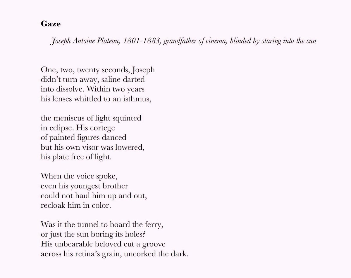 Happy Eclipse! 
His unbearable beloved cut a groove 
across his retina’s grain, uncorked the dark.
A poem about Joseph Antoine Plateau (1801-1883) grandfather of cinema, blinded by staring into the sun ….from my poetry collection Elevated Threat Level pub by <a href="/glanterngallery/">Green Lantern Press</a>