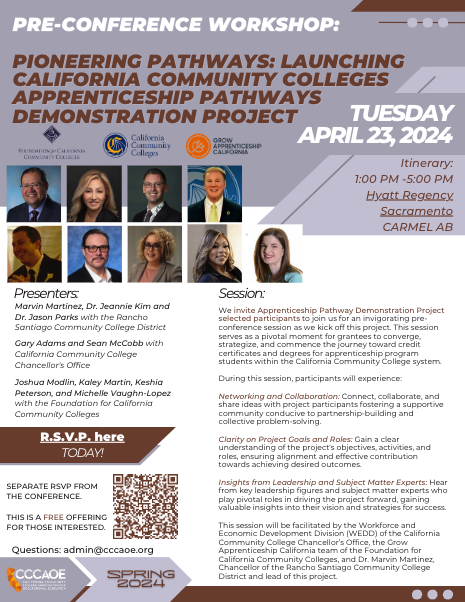 There are 5 AM and 4 PM pre-conference sessions for the Spring Conference. Must RSVP. Free with your full conference registration. Pioneering Pathways: Launching CCC Apprenticeship Pathways... session is at 1 pm. Learn more - cccaoe.org/spring-confere… #CCCAOESpring2024