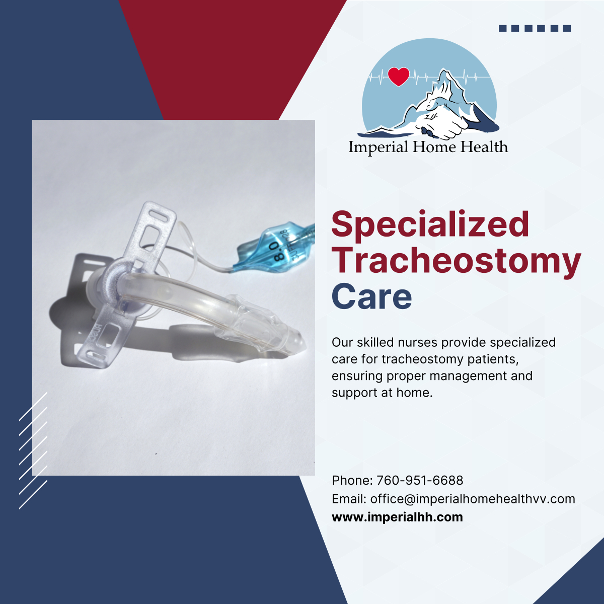 Trust our skilled nurses for specialized tracheostomy care in the comfort of your home. Contact us at 760-951-6688 for expert home health care services. 

#VictorvilleCA #HomeHealthcare #TracheostomyCare #RespiratoryHealth #HealthcareServices