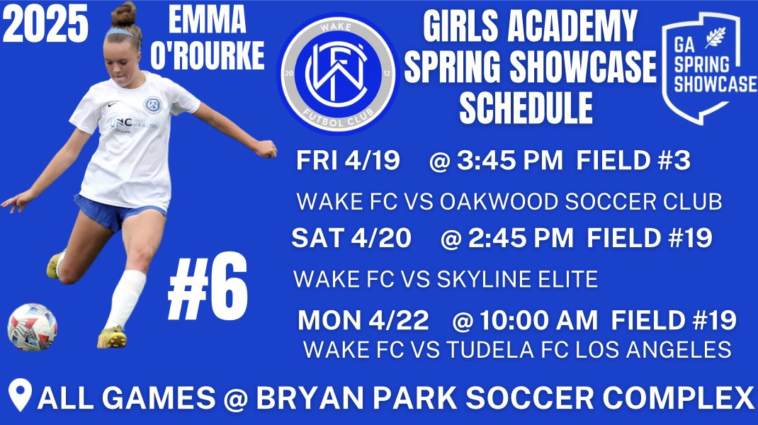 Emma O’Rourke (@emmaorourke2025) on Twitter photo So excited for the <a href="/GAcademyLeague/">Girls Academy</a> Spring Showcase in Greensboro NC! Can’t wait to be back on the field with my <a href="/WakeFC07/">Wake FC 06/07 GA</a> girls! 🚨schedule below 🚨 #theWakeFCway #GANC24 #GAspring <a href="/wakefutbol/">Wake FC</a> So excited for the <a href="/GAcademyLeague/">Girls Academy</a> Spring Showcase in Greensboro NC! Can’t wait to be back on the field with my <a href="/WakeFC07/">Wake FC 06/07 GA</a> girls! 🚨schedule below 🚨 #theWakeFCway #GANC24 #GAspring <a href="/wakefutbol/">Wake FC</a>