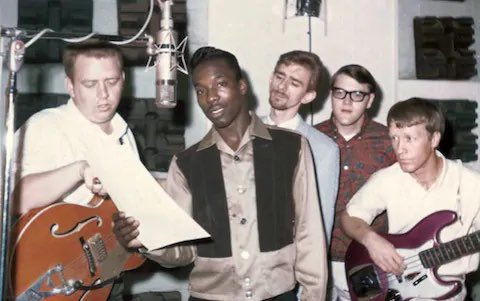 R&B singer Wilson Pickett collaborated with top studio bands at Stax Studios and Fame Studios. Some of his top hits with the Swampers are 'Land of A Thousand Dances' and 'Mustang Sally'. Pictured are Jimmy Johnson, Wilson Pickett, Spooner Oldham, Roger Hawkins, and Junior Lowe.