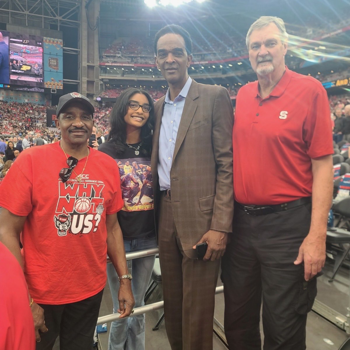 Former North Carolina State and Nuggets star David Thompson passes on this photo of him at the Final Four with ex-Virginia star Ralph Sampson and ex-Wolfpack teammate Tom Burleson.