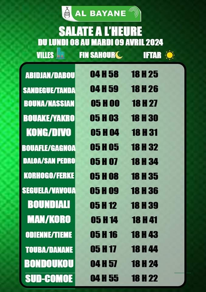 YaqineD's tweet photo. #AMNY_INFO: Les heures de fin de prise du Sahour et de rupture du jeûne, du lundi 08 au mardi 09 avril 2024 en Côte d'Ivoire
Source : calendrier Alpha

#sahour #iftar #civ #ramadan #albayane 
https://t.co/Q3ibtB8TT1 https://t.co/znfHUuaO5e