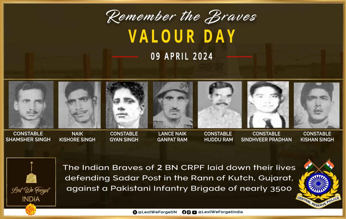 Commemorating #CRPF #ValourDay #LestWeForgetIndia🇮🇳 the unparalleled valour & supreme sacrifice of SEVEN gallant #IndianBraves of 2nd BN @crpfindia fighting an outnumbered Pakistan Army Brigade #OnThisDay 09 April in 1965 at Sardar Post in Kutch, Gujarat. On the night of 08/09…