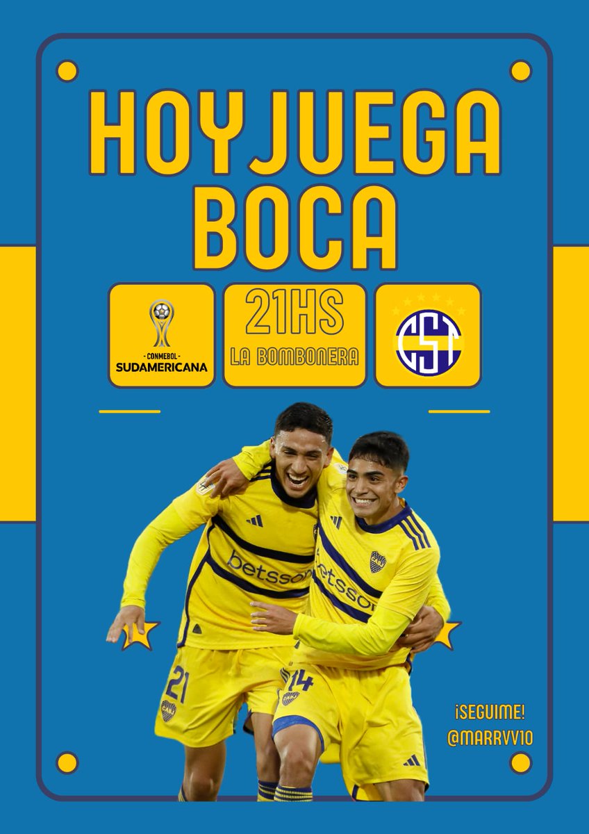 ¡HOY JUEGA BOCA!🔵🟡
🆚Sportivo Trinidense.
⌚21HS.
🏟️La Bombonera.
🏆#CopaSudamericana 
📺ESPN y Star+.

#BocaJuniors