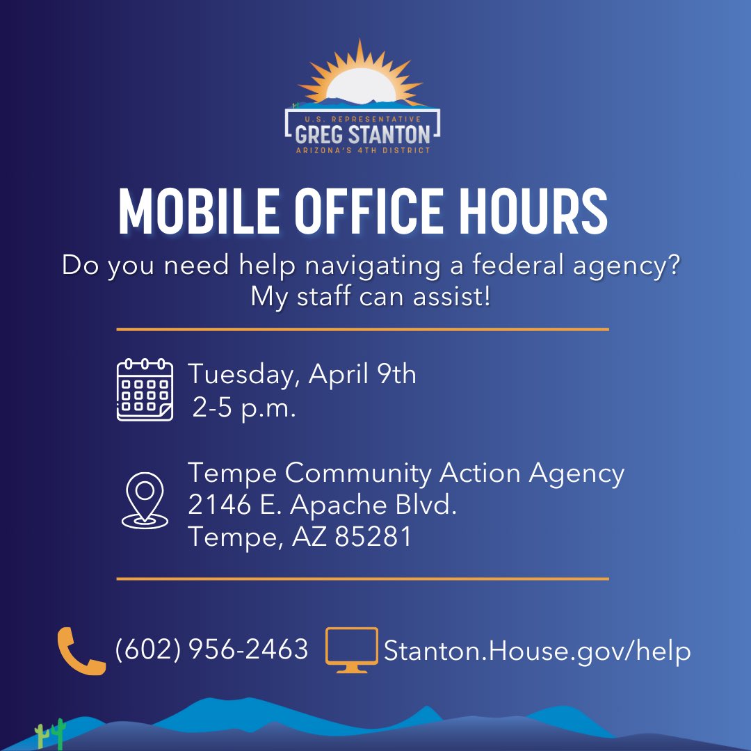 📢 THIS WEEK: Join Team Stanton for Mobile Office Hours at @TempeCommAction! My staff can help you navigate VA benefits, IRS issues, Social Security, Medicaid and more.