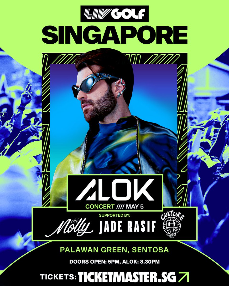 LIVGolf Presents: ALOK in Singapore! ⚡ Get ready for an electrifying night as one of the world's most prominent DJs, ALOK takes the stage! 📍 Palawan Green, Sentosa 📅 5 May, 5PM 🔗 Tickets on sale NOW: ticketmaster.sg/activity/detai…