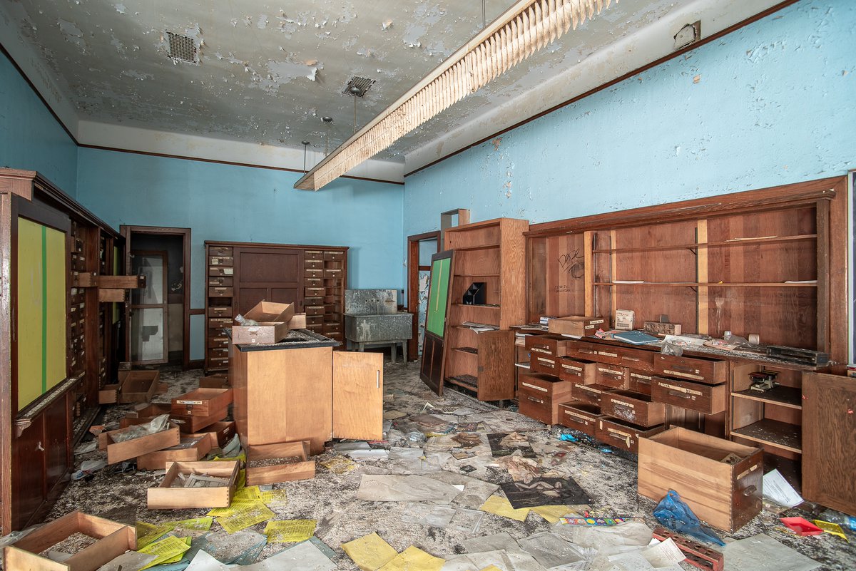 A ransacked science laboratory inside an abandoned middle school in Flint, Michigan.