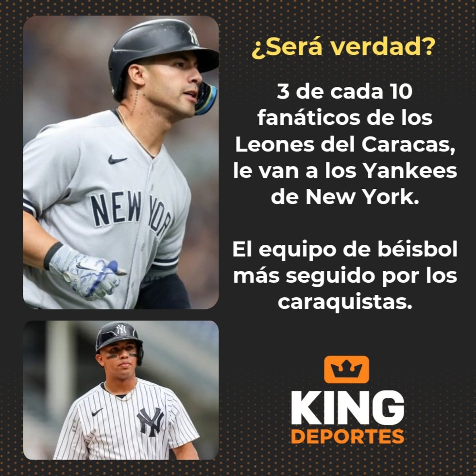 ¿Será verdad que 3 de cada 10 fanáticos de los Leones del Caracas, también le van a los Yankees de New York en las mayores?. 🔥🔥

SI o NO. 🤔

Cortesía: @kingdeportes_ve

#ArribaLeones 🦁💪 #MLB #LeonesDelCaracas #ArepaPower