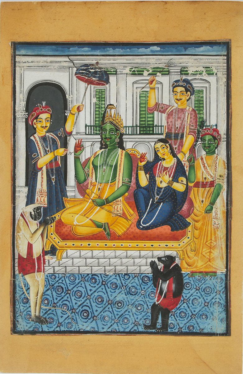 Ram-Sabha | রাম সভা (Ram and Sita surrounded by his Lakshman, Bharat, Satrughna, with Hanuman and Jambavan below) Gouache on paper pasted on board, 19th century Dutch-Bengal / French-Bengal school (Painted by an artist from the Chinsurah or Chandannagar area) @Waddingtons275