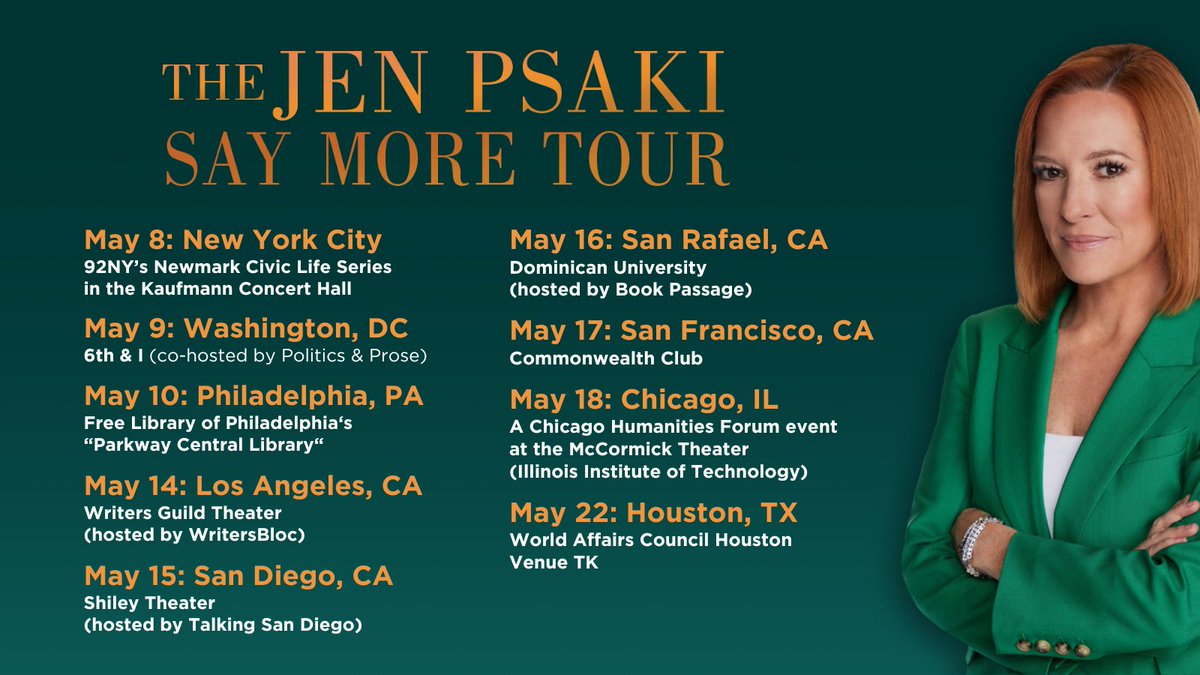 An exciting announcement tonight! The 'Say More' book tour is coming to a city near you starting in May. You can get your tickets here: JenPsakitour.com