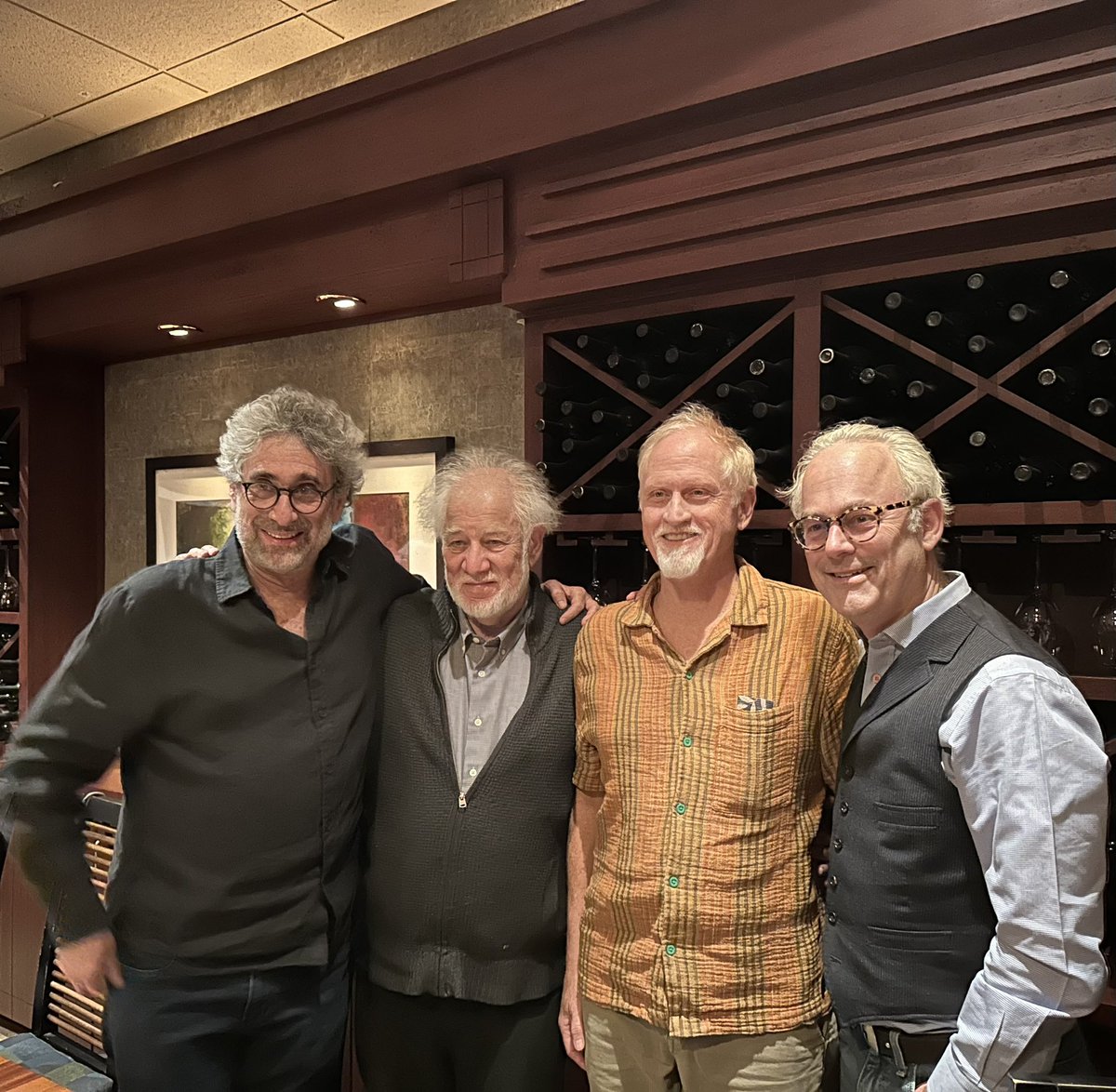 The #1 pleasure of book tour is meeting one’s readers. But you also may see friends. Here’s my wife and the wonderful Ann Patchett sporting denim dresses in Nashville; and me with bookseller @mitchellakaplan , the great Michael Ondaatje, and poet Campbell McGrath in Miami.