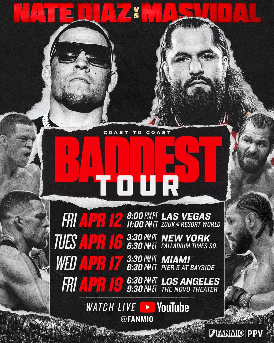 Dates for The Baddest Tour 👊🏼 Press Conference this Friday in Vegas at 8PM Watch it live on @fanmio YouTube. #DiazMasvidal