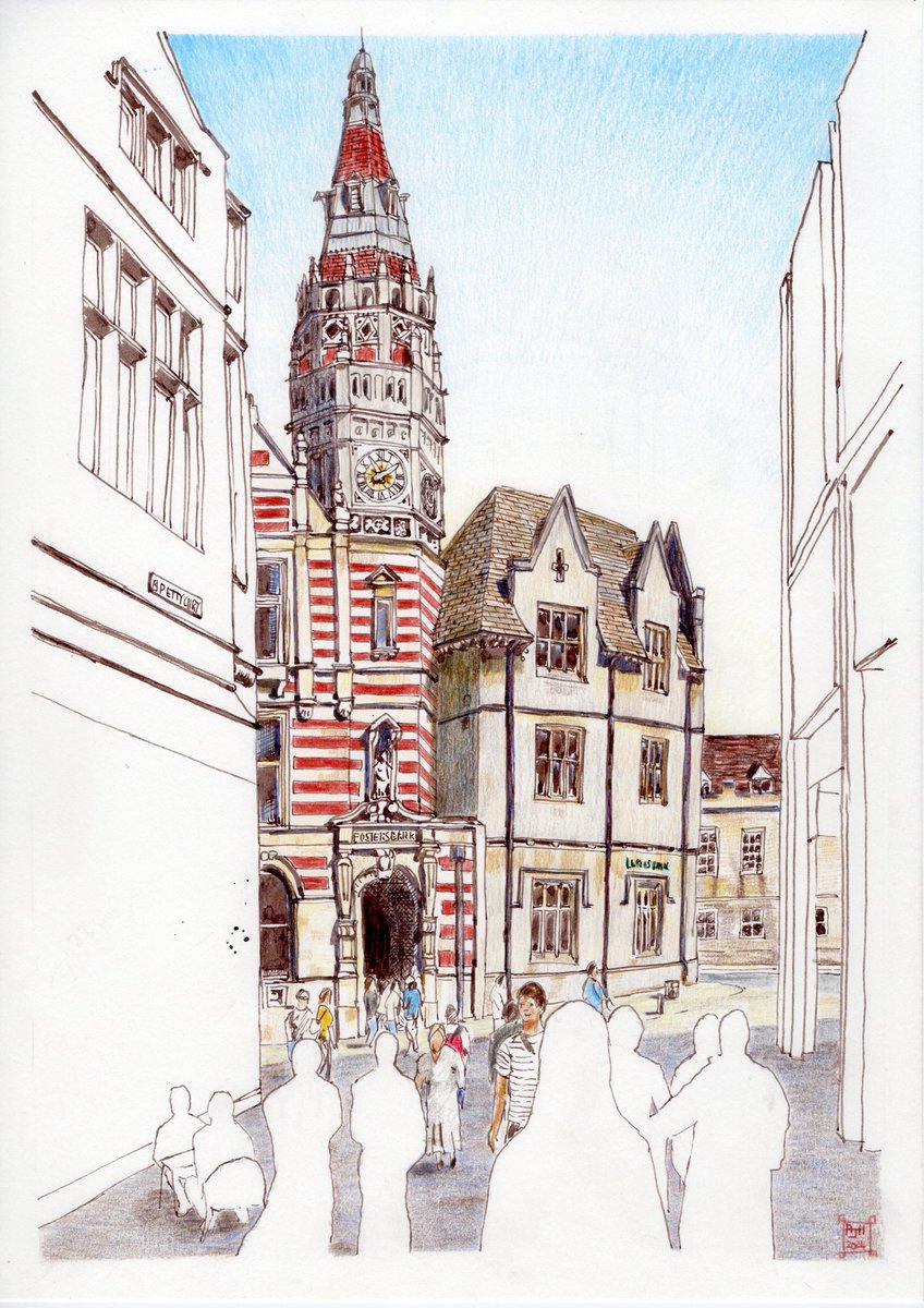 Lloyds Bank, in Cambridge. My sketch on A3 paper.  Ink and polychromos coloured pencil. #illustration #Cambridge #sketching #pencil #ink.