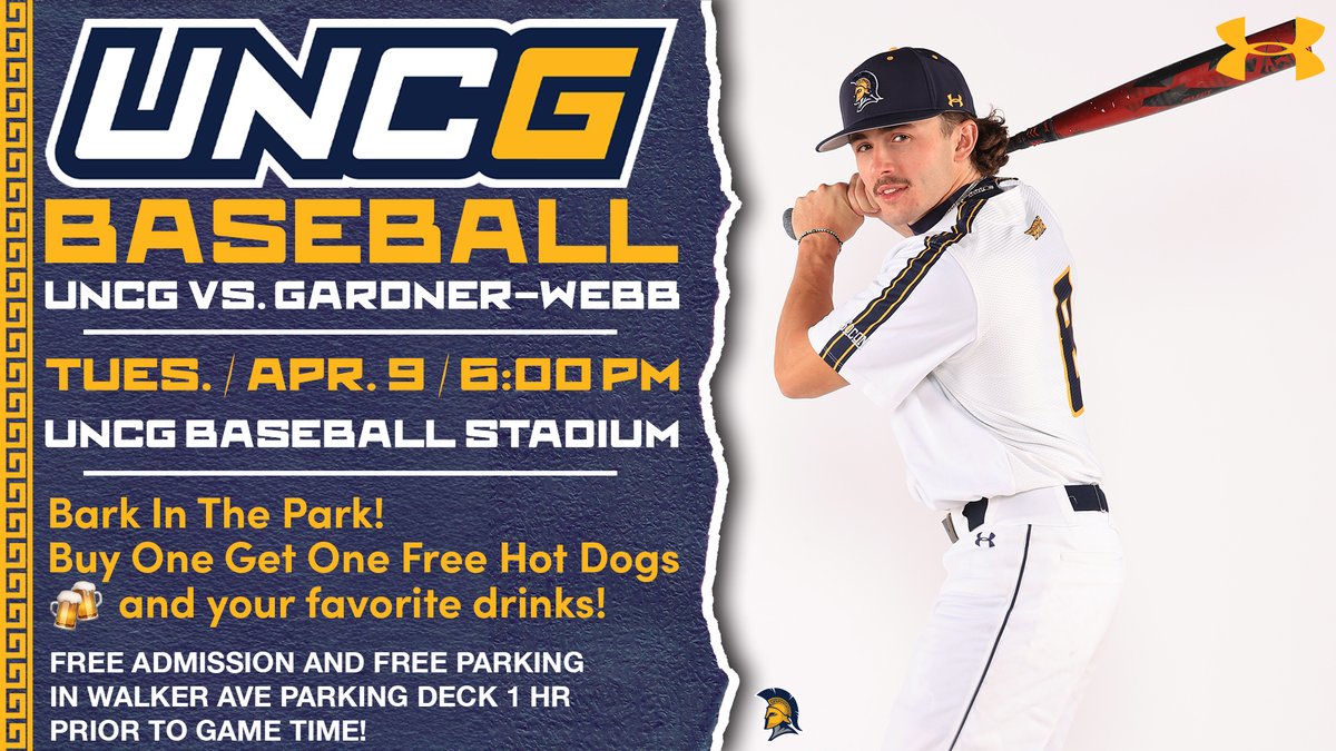 Come on out to the UNCG Baseball Stadium tomorrow as we host the Runnin' Bulldogs at 6 PM! 🐶 Bark in the Park! 🌭 BOGO hot dogs! 🍻 Your favorite drinks! #letsgoG