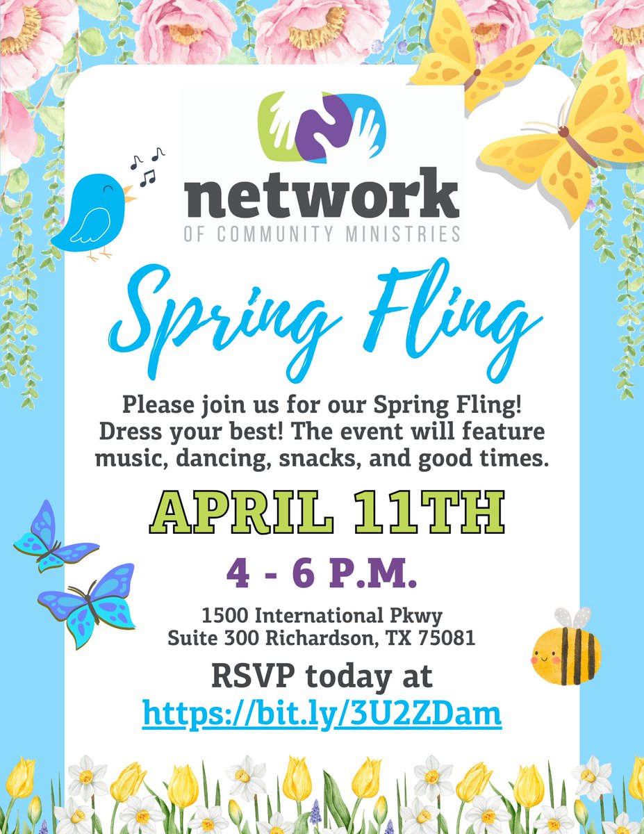 Don't forget! Network's Spring Fling is THIS THURDAY from 4 to 6 p.m. Join us as we celebrate the season with our community! The event will feature music, dancing, snacks, and good times. RSVP today at bit.ly/3U2ZDam!