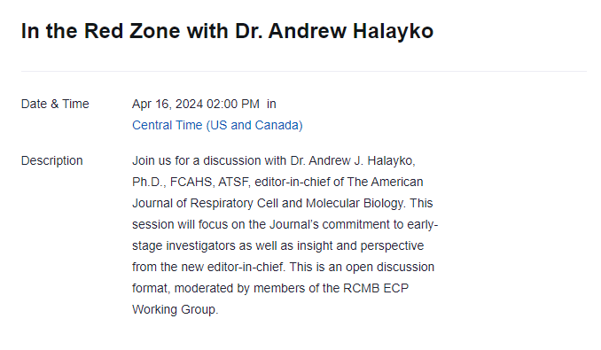 🔴In the Red Zone with Andrew Halayko, PhD, FCAHS, ATSF🔴 📆Tues, April 1⃣6⃣ 🕒3 PM ET 👉@ATS_RCMB webinar Andrew J. Halayko, PhD, FCAHS, ATSF, @AJRCMB's editor-in-chief will chat on journal’s commitment to early-stage investigators & more! 🔗Register: shorturl.at/koMSX