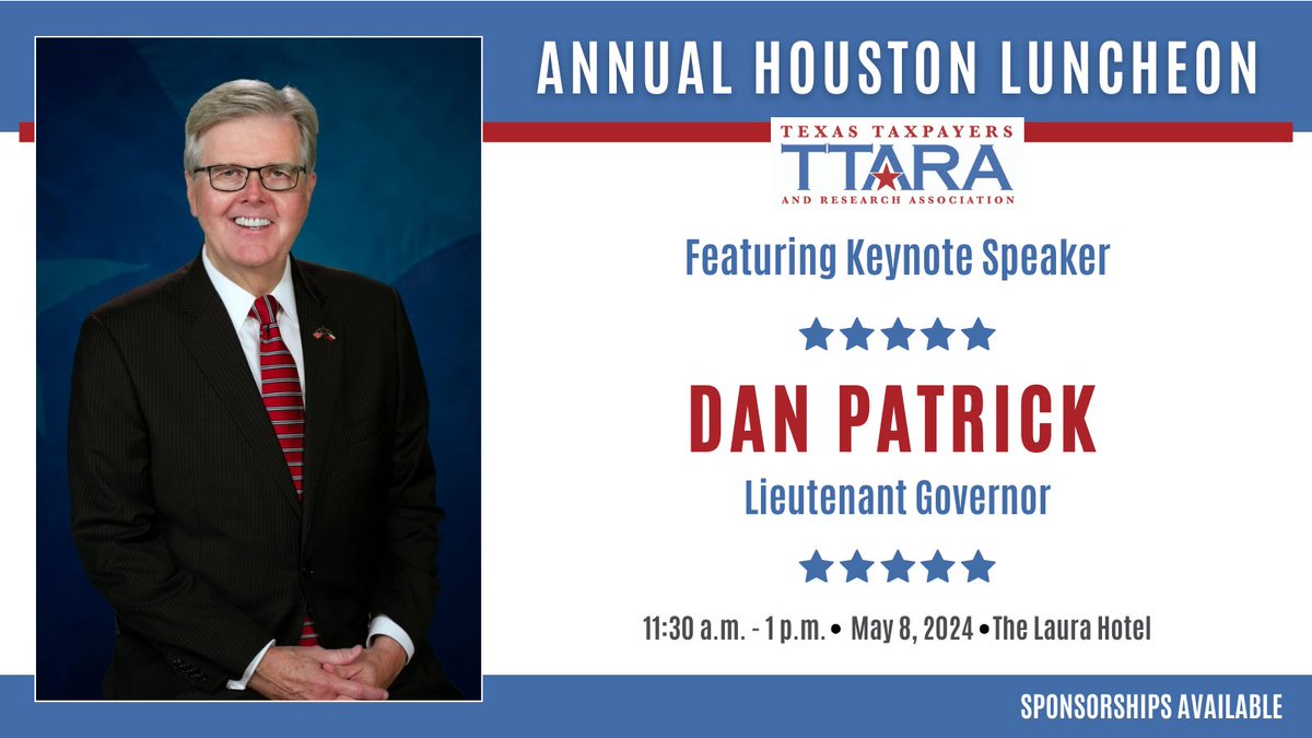 Don’t delay! Register today for our TTARA member luncheon on May 8 in Houston featuring keynote speaker Lt. Gov. Dan Patrick. Find registration and details here: eventbrite.com/e/ttara-housto…