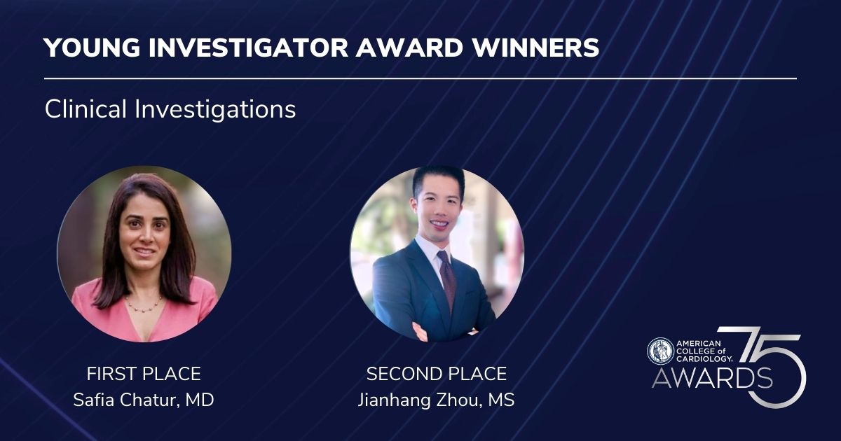 Congratulations to the winners of the Young Investigator Award in Clinical Investigations category!

First Place: Safia Chatur, MD <a href="/safchat/">Safia Chatur, MD</a> 
Second Place: Jianhang Zhou, MS <a href="/JianhangZhou/">Jianhang Zhou</a> 

#ACC24 #TheFaceOfCardiology