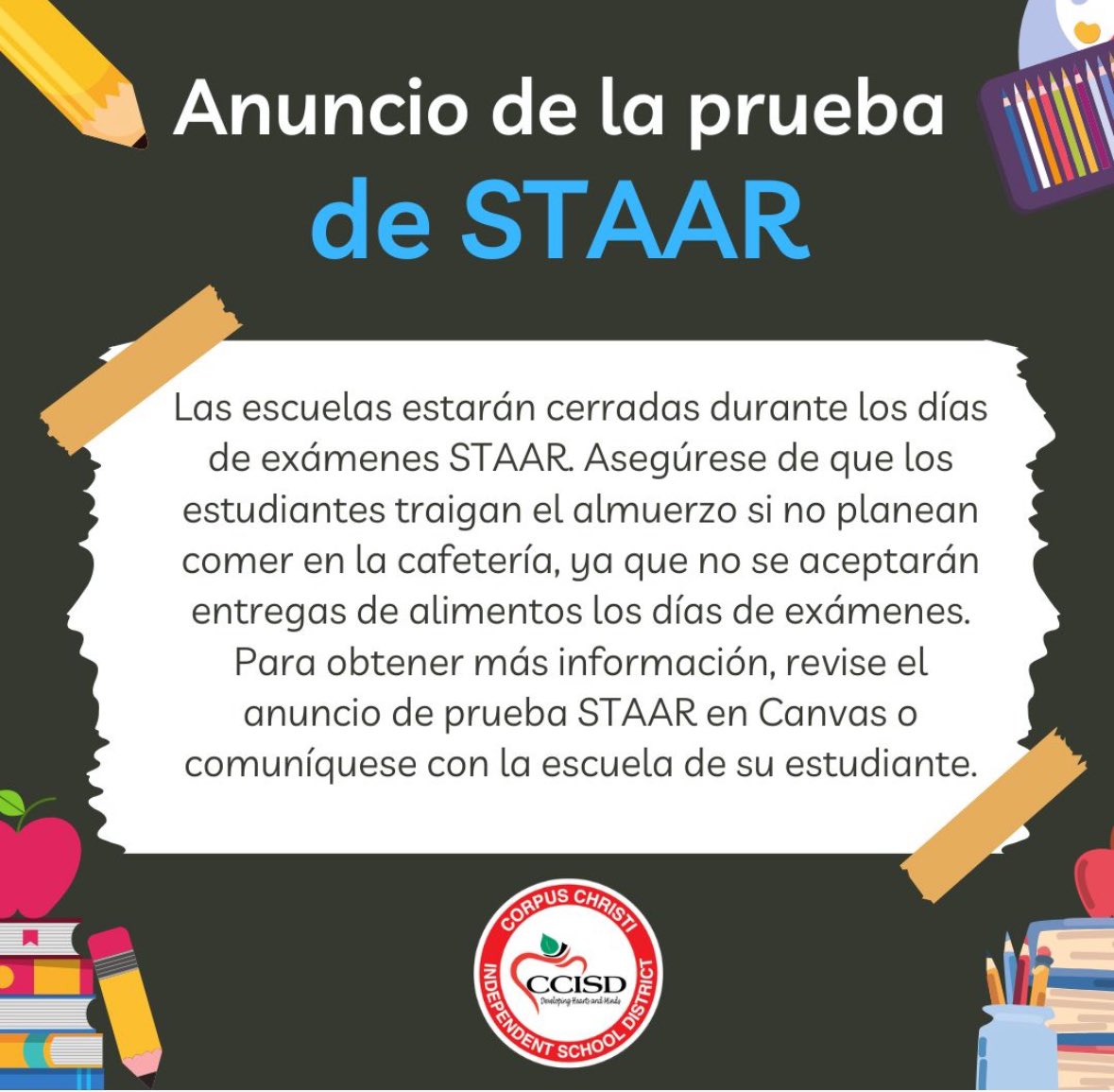 CCISD Office of Assessment and Accountability (@ccisd_oaa) on Twitter photo High School STAAR Testing this week:
English 1 EOC - April 9th
English II EOC - April 11th
Check with your campus for details.
<a href="/Soniaz76/">Sonia Zyla</a> <a href="/DrXtelaG/">Cristela Garcia</a> <a href="/pacastorena/">Anthony Castorena</a> <a href="/C_Castaneda11/">Charlotte Castañeda</a> <a href="/JonWeisz1/">Jon Weisz</a> <a href="/ddmoreno88/">Desiree Moreno</a> <a href="/DrBruceWilsonJ1/">DrBruceWilsonJr</a> <a href="/DrSandraClement/">Dr. Sandra Clement</a> <a href="/ccleadservant/">Dr. Kimberley Donaldson James</a> High School STAAR Testing this week:
English 1 EOC - April 9th
English II EOC - April 11th
Check with your campus for details.
<a href="/Soniaz76/">Sonia Zyla</a> <a href="/DrXtelaG/">Cristela Garcia</a> <a href="/pacastorena/">Anthony Castorena</a> <a href="/C_Castaneda11/">Charlotte Castañeda</a> <a href="/JonWeisz1/">Jon Weisz</a> <a href="/ddmoreno88/">Desiree Moreno</a> <a href="/DrBruceWilsonJ1/">DrBruceWilsonJr</a> <a href="/DrSandraClement/">Dr. Sandra Clement</a> <a href="/ccleadservant/">Dr. Kimberley Donaldson James</a>