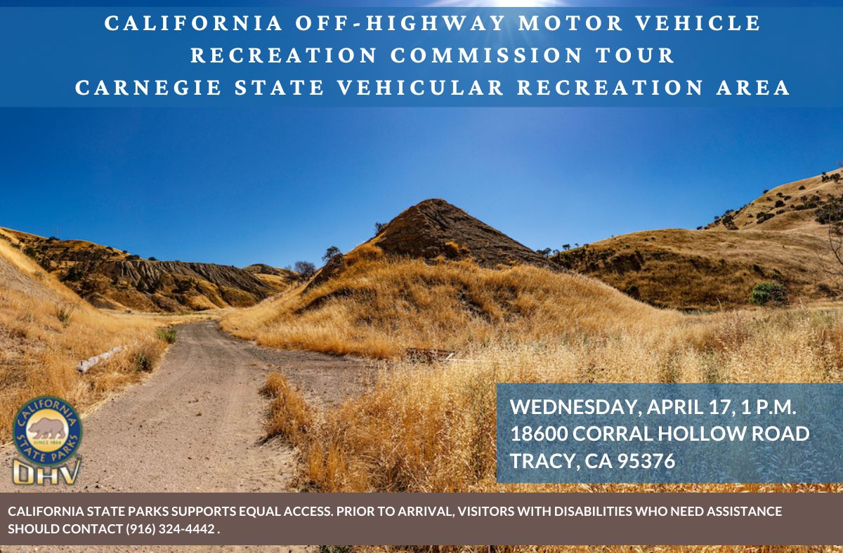 Information for next week’s @CAStateParksOHV Commission tour of Carnegie SVRA is now available. Join commissioners on April 17 at 1 p.m. as they consider a new general plan for the SVRA. Visit parks.ca.gov/PublicNotices for all the details. Please register by 5 p.m. on April 10.