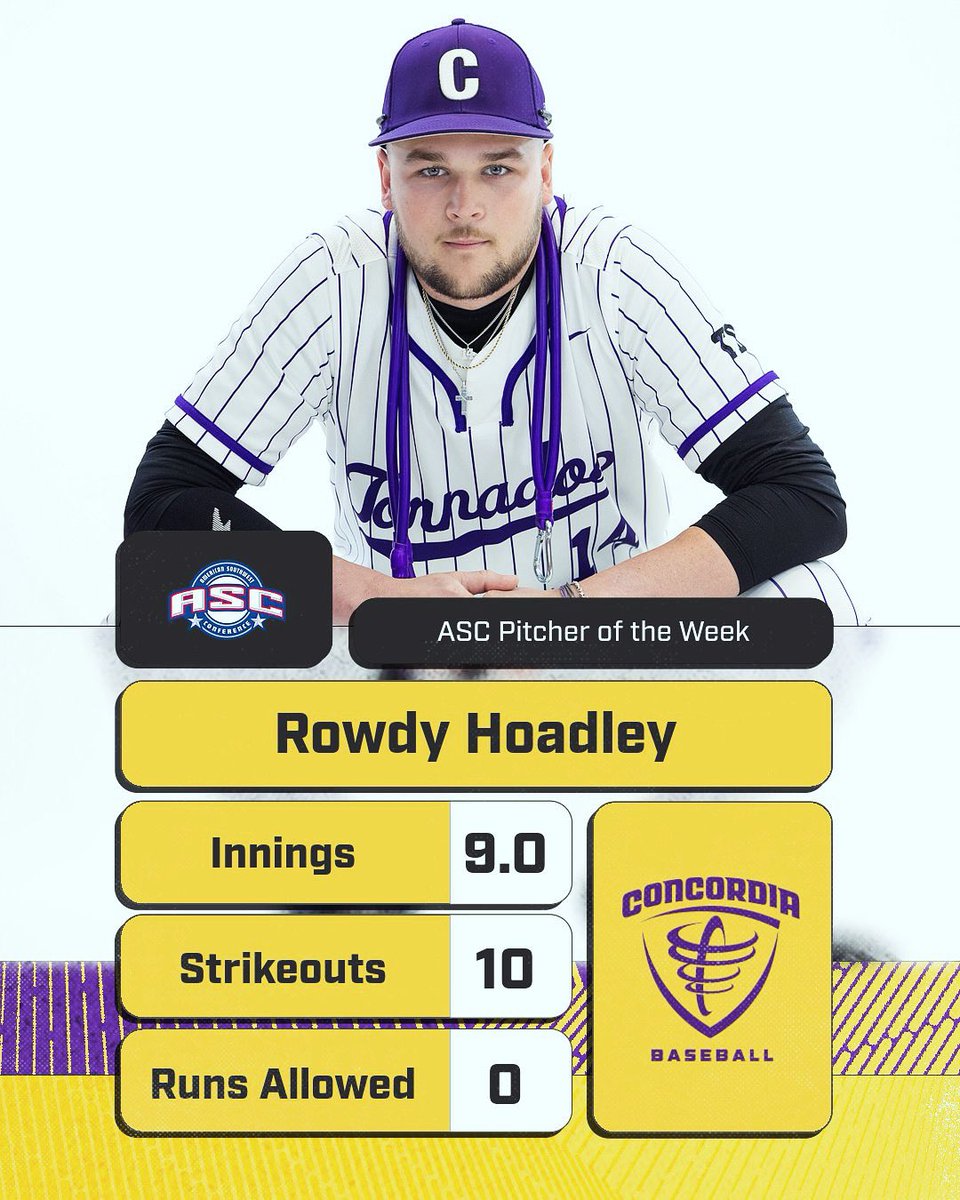 ⚾️𝐀𝐒𝐂 𝐏𝐢𝐭𝐜𝐡𝐞𝐫 𝐨𝐟 𝐭𝐡𝐞 𝐖𝐞𝐞𝐤⚾️

Congrats to Rowdy Hoadley on earning the honor!

The RHP struck out a career-high 10 batters in a two-hit shutout to help clinch the series over the Ozarks! #TornadoNation🌪️ 

📰 shorturl.at/aGLQ1