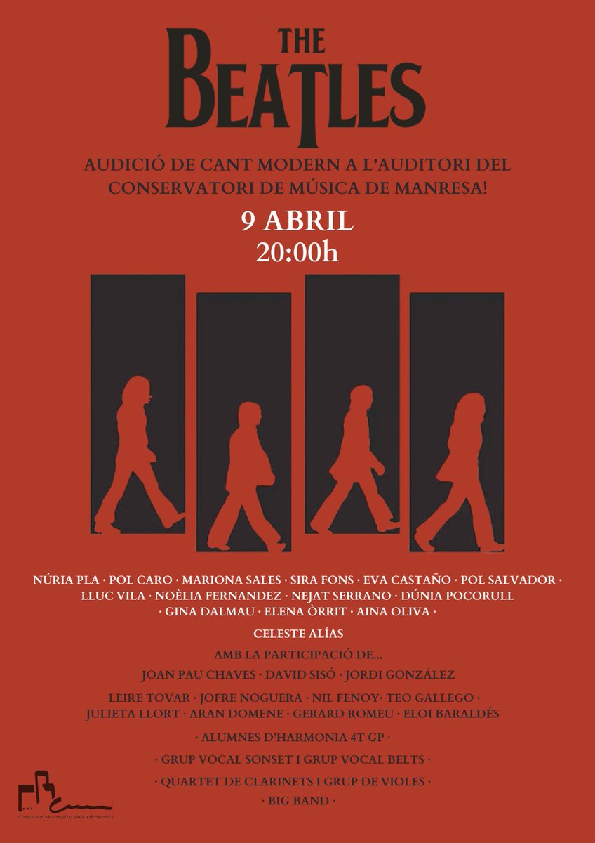 Demà a les 20h l’aula de cant modern del conservatori dirigida per Celeste Alías oferirà una audició temàtica a càrrec de l’alumnat de cant acompanyat també de diverses formacions del centre. No us ho perdeu!
#thebeatles