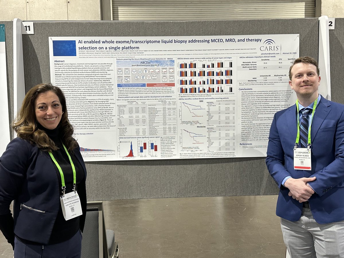 #AACR24 Poster Presentation - Maria Perdigones and Sergey Klimov presented 'AI-enabled whole exome & transcriptome liquid biopsy addressing MCED, MRD, and therapy selection on a single platform.' Learn more: ow.ly/hjz850RaUCu