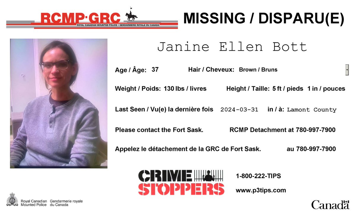 #Missing: Janine Ellen Bott, 37, # FortSaskatchewan.