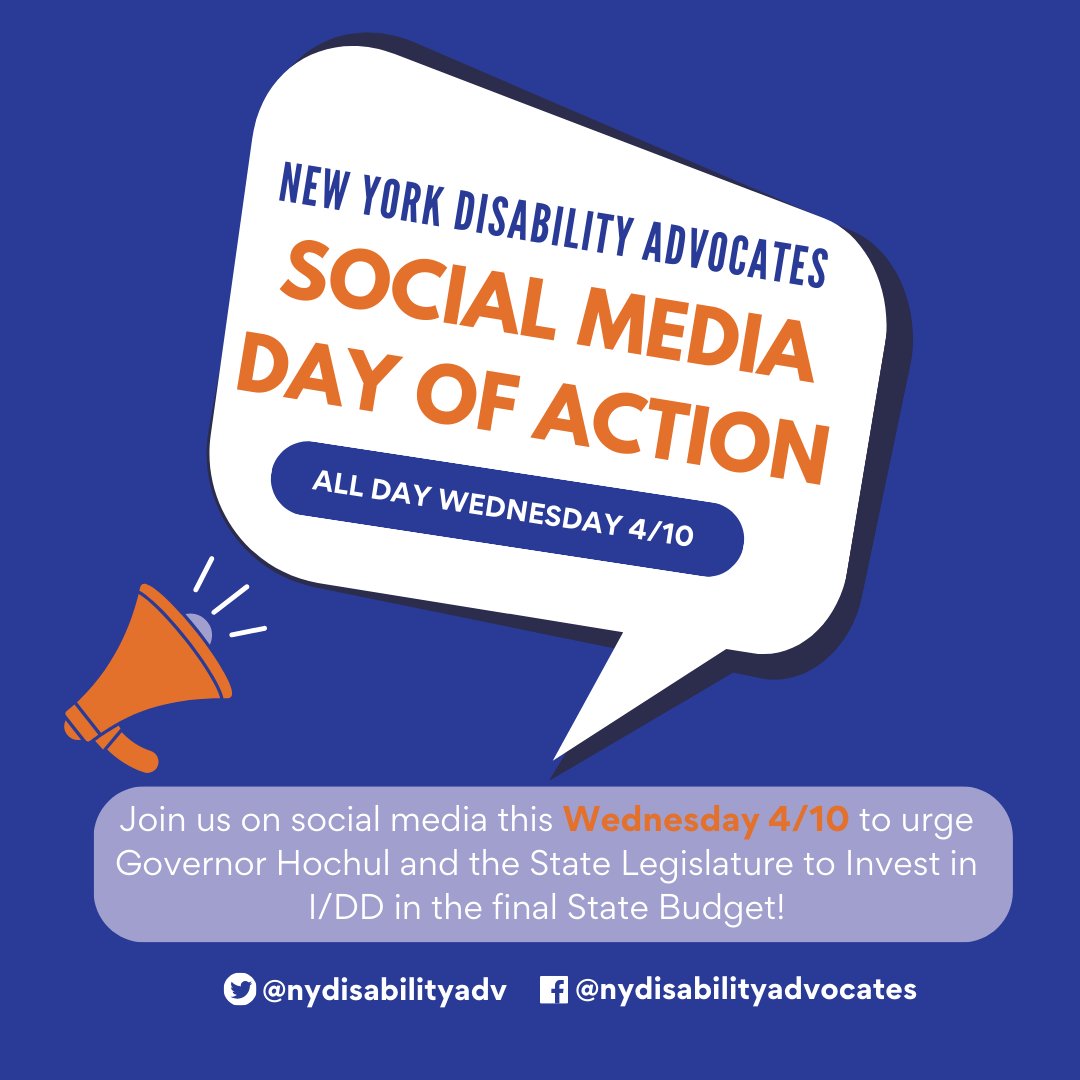 New York Disability Advocates (@nydisabilityadv) on Twitter photo Calling all NY I/DD Advocates‼️This Wednesday, we'll be online all day urging <a href="/GovKathyHochul/">Governor Kathy Hochul</a> and the legislature to #InvestInME!
Help us make our voice heard by spreading our message & sharing your stories using the hashtag #NYDADayOfAction. Let's make some noise!📢🧡 Calling all NY I/DD Advocates‼️This Wednesday, we'll be online all day urging <a href="/GovKathyHochul/">Governor Kathy Hochul</a> and the legislature to #InvestInME!
Help us make our voice heard by spreading our message & sharing your stories using the hashtag #NYDADayOfAction. Let's make some noise!📢🧡