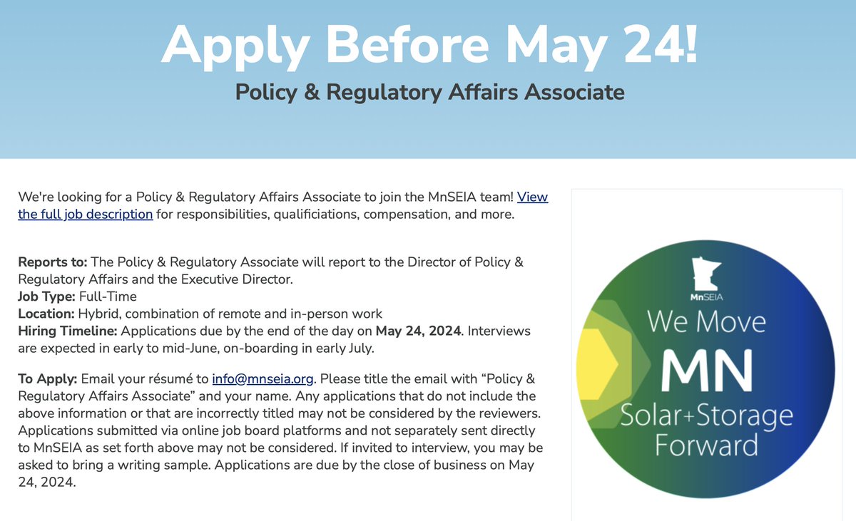 Want to help craft public policy to Move MN #Solar + #EnergyStorage Forward? Join our team at @Mn_SEIA! We are #nowhiring a Policy & Regulatory Affairs Associate. Apply now: mnseia.org/apply-may-24

#jobs #hiring #cleanenergy #cleanenergyjobs #energytwitter