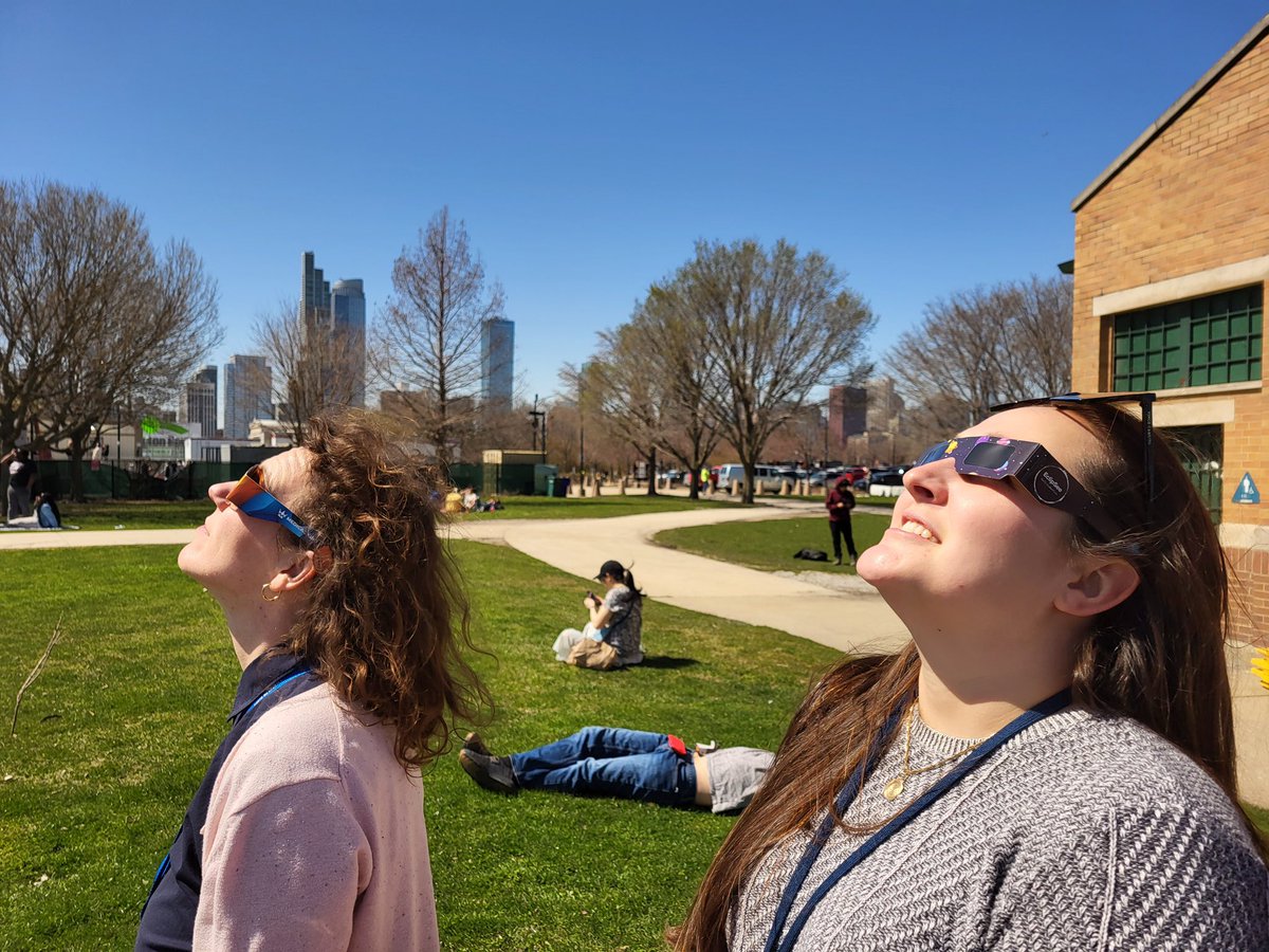 SabinaCvecek's tweet photo. #SolarEclipse2024 ☀️🌒🌙with @tinymedievalist & colleagues from @FieldMuseum. Not missing are the #EquippedtoEclipse glasses from @AdlerPlanet and a DIY pinhole projector that allowed us to capture the eclipse on a had. #Chicago https://t.co/hzQ5wYpPuJ