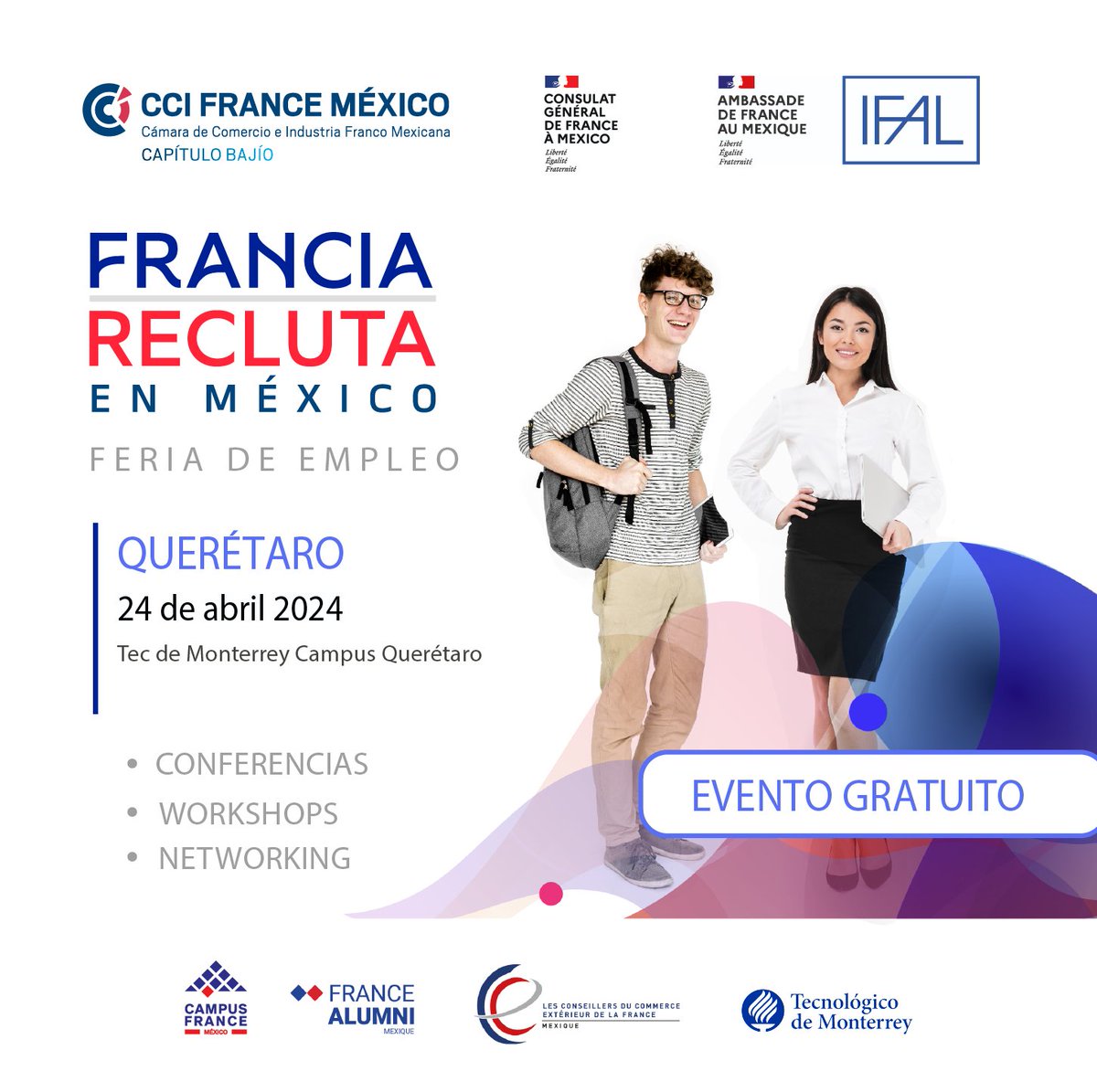 ¡Francia recluta en Querétaro! Les invitamos a la primera feria de empleo con la participación de grandes grupos franceses en Querétaro el miércoles 24 de abril, en el campus de la Universidad @TecdeMonterrey. 🎟️ Entrada libre con registro previo. ℹ️ swll.to/XpJpBr