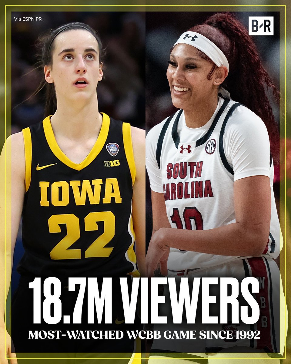 South Carolina vs. Iowa was the MOST-WATCHED Women's CBB game since 1992 🤯 18.7M VIEWERS❗️ (via ESPN PR)