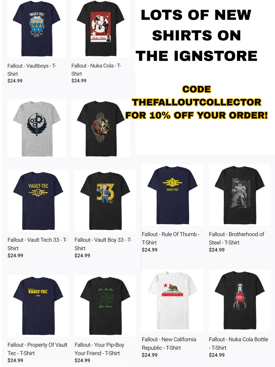 New Fallout shirts just dropped on the @IGNStore !
Code THEFALLOUTCOLLECTOR for 10% off your entire IGNstore purchase! 

Affiliate link:
store.ign.com/THEFALLOUTCOLL…

#fallout #nukacola #falloutonprime #tshirt #vault33 #brotherhoodofsteel #bethesda #primevideo #ignstore