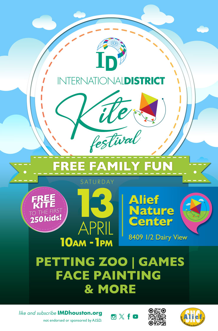Join us for FREE family fun including kites for the first 250 kids plus petting zoo, games, face painting and more! From 10 a.m. to 1 p.m. at the Alief Nature Center, 8409 1/2 Dairy View. See you there! 🪁