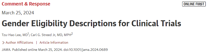 Excited to announce this🔥letter to the editor by @cjstreed and me just published in #JAMA @JAMA_current regarding #gender eligibility descriptions for clinical trials! ⚠️ #Burton et al reported nearly two-thirds of trials reported applying gender-based eligibility using sex