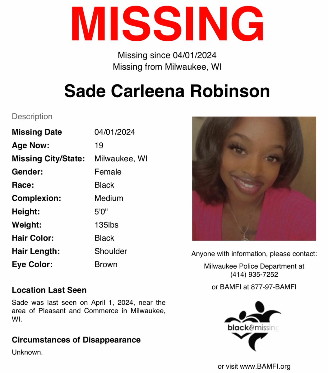 #Milwaukee, #Wisconsin: 19y/o Sade Robinson was last seen on April 1, near the area of Pleasant and Commerce in Milwaukee. Have you seen Sade? #SadeRobinson