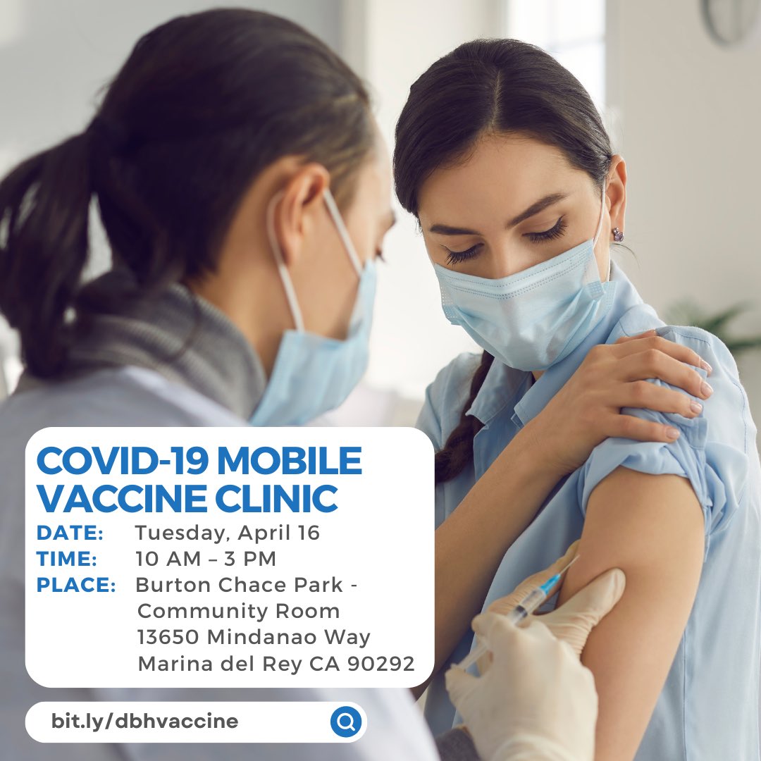 💉FREE COVID-19 Mobile Vaccine Clinic on Tuesday, 4/16, 10AM – 3PM, at Burton Chace Park.   📢 Updated Moderna Covid vaccines available to those 6 months+ (while supplies last). Flu shots are also available.   ✨ bit.ly/dbhvaccine to make an appointment. Walk-ups available.