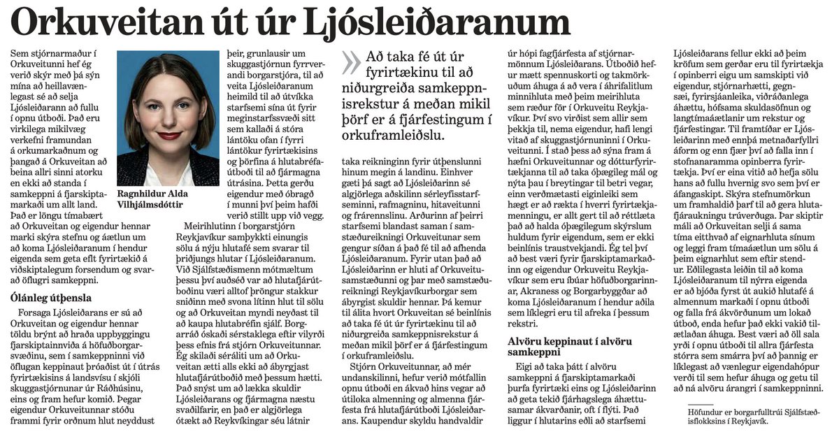 Fókusum fjármunum og orku OR í stóru áskoranirnar í orkuöflun, hitaveitunni og nútímavæðingu frárennslisins. Ekki í að baktryggja hlutafjárútboð til að standa í samkeppni út á landi á fjarskiptamarkaði. Látum aðra um það. Samfélagslegu verkefnin eru mun mikilvægari og á ábyrgð OR