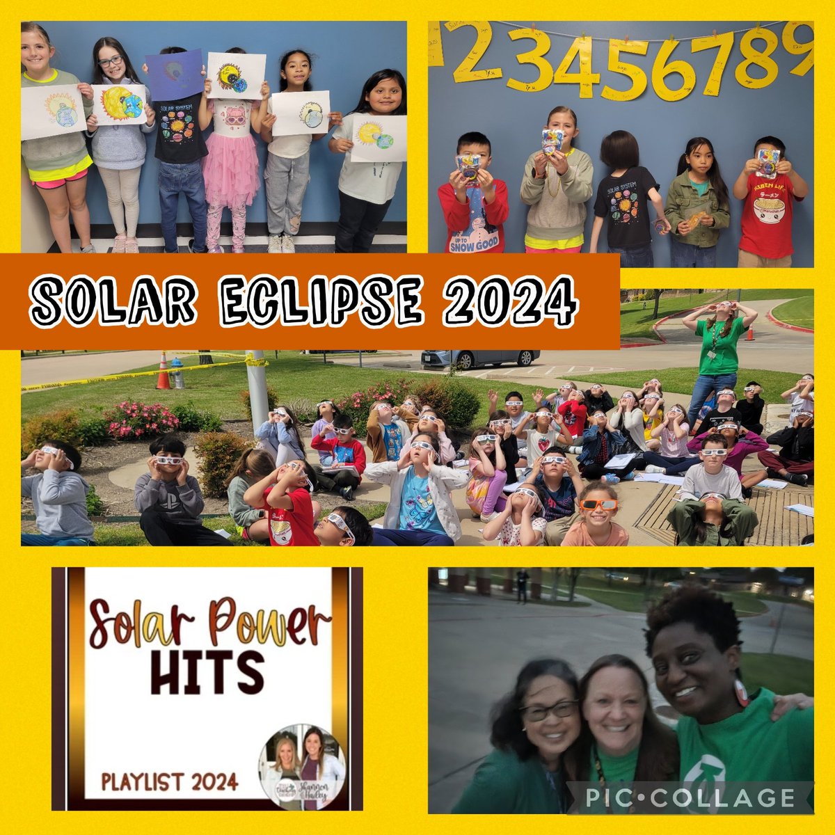 What an experience today! #SolarEclipse2024 We had SunChips, Capri Suns and Moon Pies for snacks, rocked to some Solar Power Hits, & some students made drawings during recess. #pisdsciencerocks #PISDLEVELUP