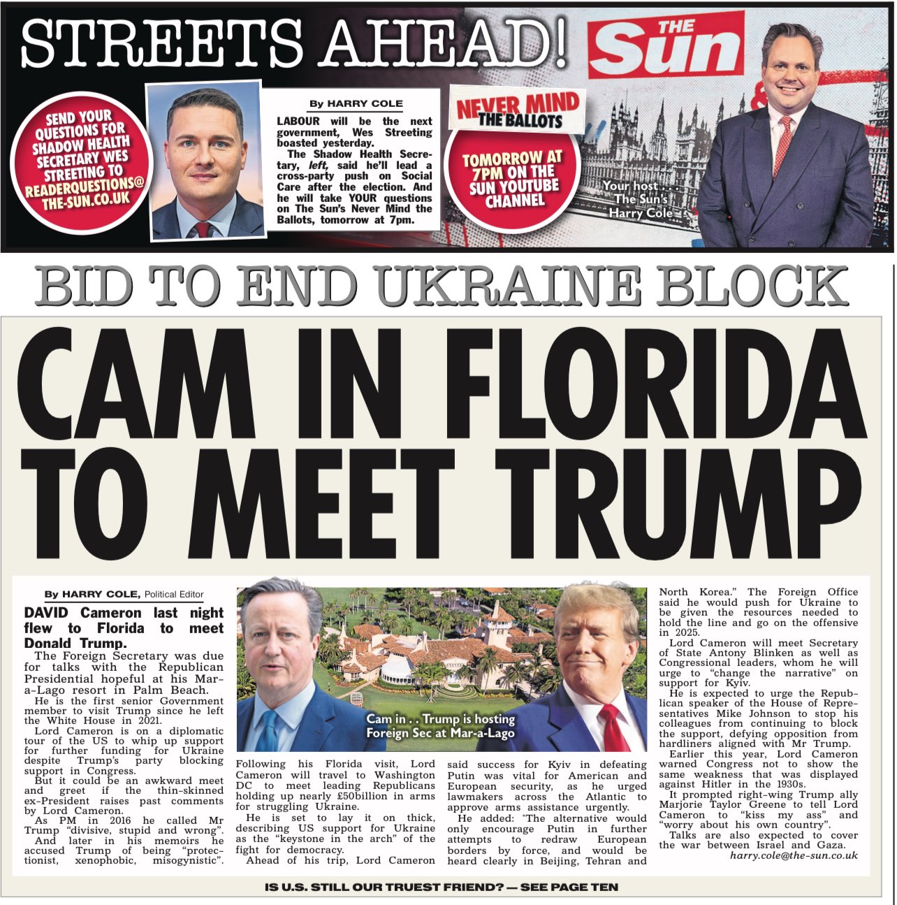 Harry Cole on X: "EXC: Foreign Sec David Cameron has jetted to Florida to  meet Donald Trump, @thesun can reveal 🇺🇦 Ukraine arms plan on the agenda  amid Republican stalemate 🤝 Key