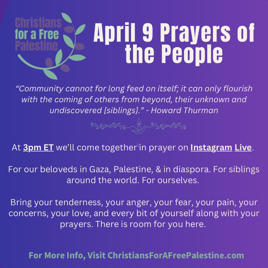 Join in the 4/9 action via IG Live! We’ll gather online for a Communion service (10am ET), phone banking (10:30am ET), & Prayers of the People (3pm ET). Feel free to connect & invite others! #FoodNotBombs #BlessedAreThePeacemakers #CeasefireNow #ChristiansForPalestine