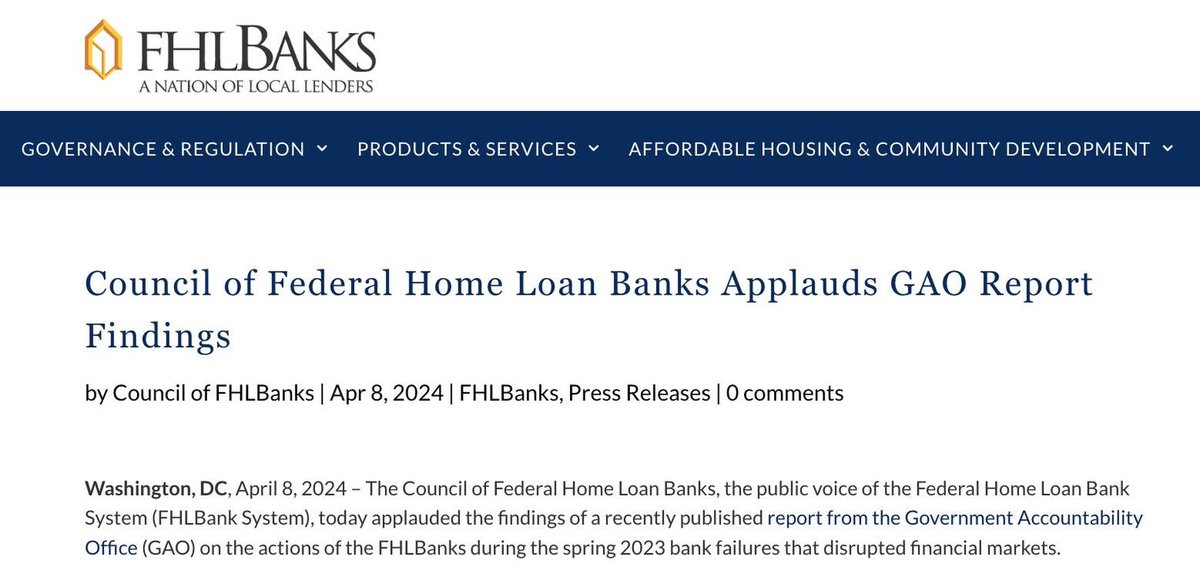 Today, the Government Accountability Office issued a report confirming that Federal Home Loan Banks were vital in stabilizing the financial system during the turbulent Spring 2023 bank failures. Read the report as well as the response from @FHLBanksVoice: bit.ly/4aoMT3j
